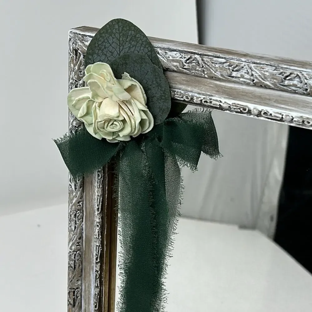 Hand Painted & Distressed Mirror Paper Rose & Green Chiffon Bow
